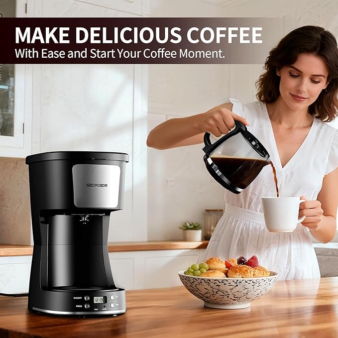 12-Cup Drip Coffee Maker with Reusable Filter,Programmable Clock,Auto Brew,Water Window,Keep Hot Plate,Glass Carafe,Compact Design for Kitchen,Office,Silver and Black