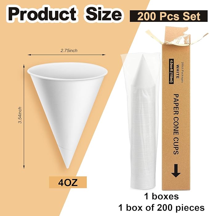 Roshtia 200 Pcs Paper Cone Cups Thicken Disposable Cone Cups for Shaved Ice, Slushies Water Cooler Dispenser (4 oz,Classic)