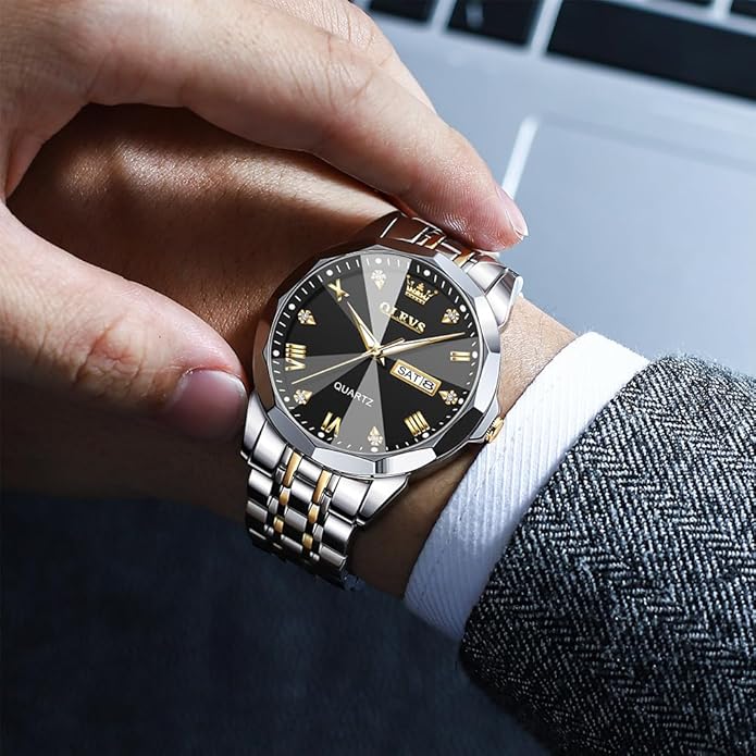 Men's Casual Stainless Steel Watch, Big Face Easy to Read Analog Quartz Watch with Day and Date, Classic Waterproof Diamond Roman Arabic Numerals Dial Dress Watch for Men, Gold Silver Black Band
