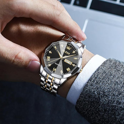 Men's Casual Stainless Steel Watch, Big Face Easy to Read Analog Quartz Watch with Day and Date, Classic Waterproof Diamond Roman Arabic Numerals Dial Dress Watch for Men, Gold Silver Black Band