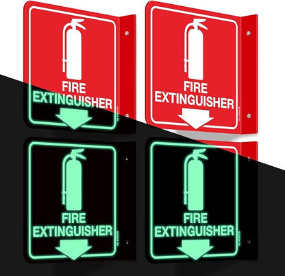 T&R Fire Extinguisher Sign, Fire Extinguisher with Down Arrow - 4 Pack - 6 x 6 Inches Glow-In-The-Dark Acrylic, 2 pre-drilled holes, Includes Matching Screws, Use for Home Office/Business