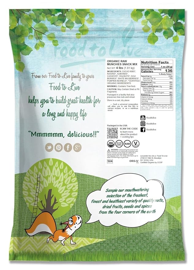 Organic Raw Munchies Snack Mix, 4 Pounds — Raw and Non-GMO Snack Mix Contains Cacao Nibs, Raisins, Almonds, Cashews, Walnuts, Goji Berries, Mulberries, Pumpkin Seeds. Vegan Superfood, Kosher, No Added