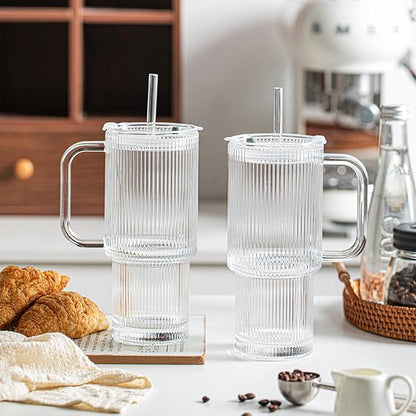 INSETLAN 26oz Ribbed Glass Tumbler with Handle & Lid – 2-Pack Large Iced Coffee Cups with Straws, Modern Glass Mug for Cold & Hot Beverages, Aesthetic Travel Cup for Smoothies, Tea, and Juice