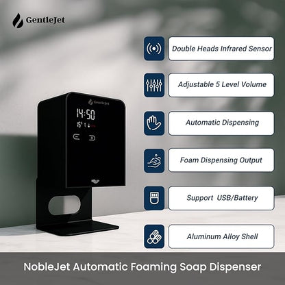 NobleJet Automatic Foaming Soap Dispenser Touchless - USB-C or Battery Powered, Aluminum Alloy Body, LED Display, Wall Mount or Countertop, Adjustable Automatic Soap Dispenser Touchless