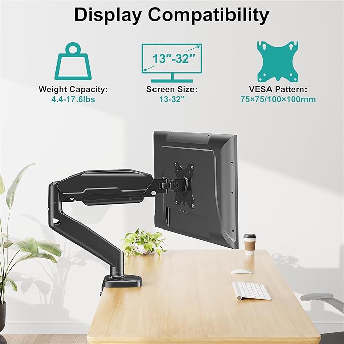 MOUNT PRO Single Monitor Desk Mount - Articulating Gas Spring Arm, Removable VESA Monitor Mount Computer Monitor Stand with Clamp and Grommet Base Fits 13 to 32 Inch Screen, VESA 75x75, 100x100, Black