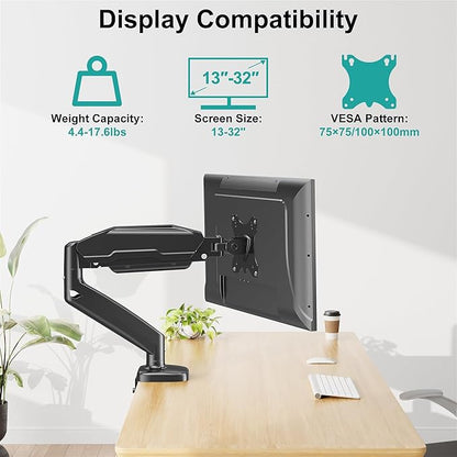 MOUNT PRO Single Monitor Desk Mount - Articulating Gas Spring Arm, Removable VESA Monitor Mount Computer Monitor Stand with Clamp and Grommet Base Fits 13 to 32 Inch Screen, VESA 75x75, 100x100, Black