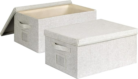 Large 17''x12'' Quart Collapsible Stackable Storage Bins with Lids, 2 Packs Off White Fabric Closet Boxes with Lids, Storage Cube Baskets Container Organizers for Bedroom Office(17''x12.2x''8'')