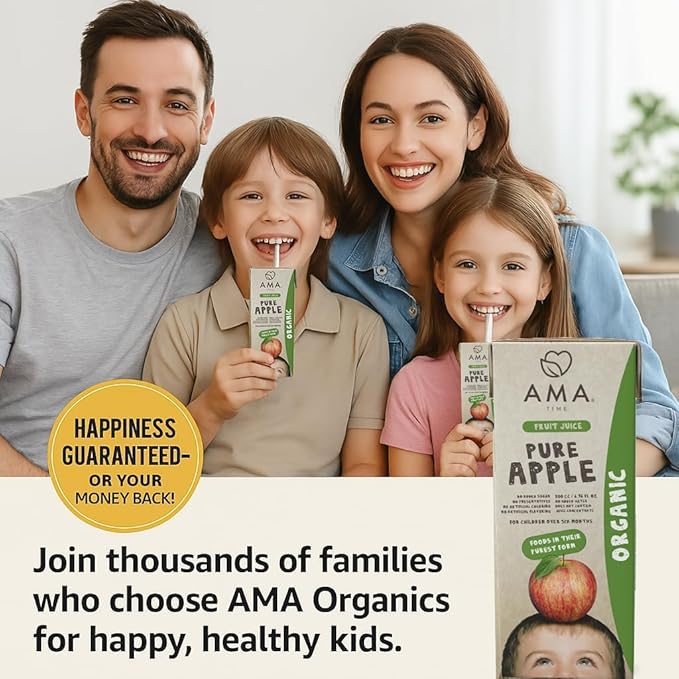 AMA TIME Organic Apple Juice Boxes for Kids – 24 Pack, 6.76 fl oz Each | With Vitamins A & C, USDA Organic, No Added Sugar, Gluten-Free | Perfect for School Lunch, Travel, or Snacks