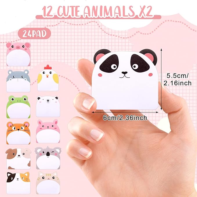 Cute Sticky Notes - 24 Pcs, 720 Sheets, 12 Animal Designs for Party Bags & Favors