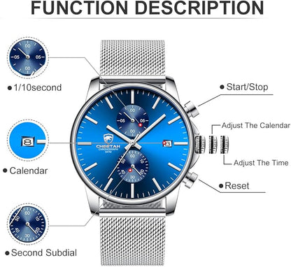 GOLDEN HOUR Mens Watch Fashion Sleek Minimalist Quartz Analog Mesh Stainless Steel Waterproof Chronograph Watches for Men with Auto Date
