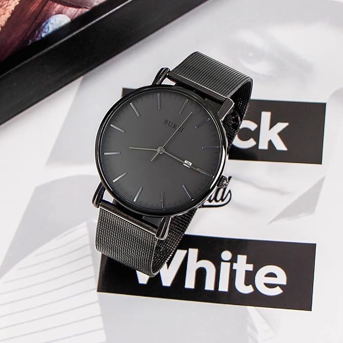 BUREI Men Watches Brown Leather Fashion Minimalist Wrist Watch Simple Ultra Thin Waterproof Quartz Watches All Black Stainless Steel Mesh Band,Gift for Men Women