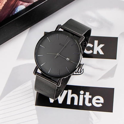 BUREI Men Watches Brown Leather Fashion Minimalist Wrist Watch Simple Ultra Thin Waterproof Quartz Watches All Black Stainless Steel Mesh Band,Gift for Men Women