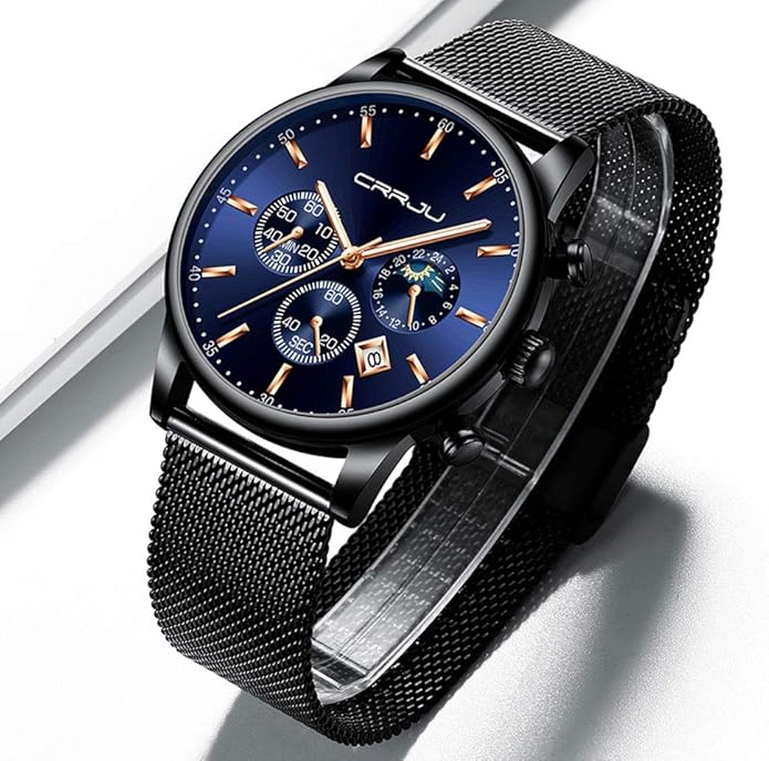 CRRJU Men's Fashion Casual Watches Auto Date Chronograph Watch Men Nice Work Watches Waterproof 30M Full Steel Quartz with Mesh Strap