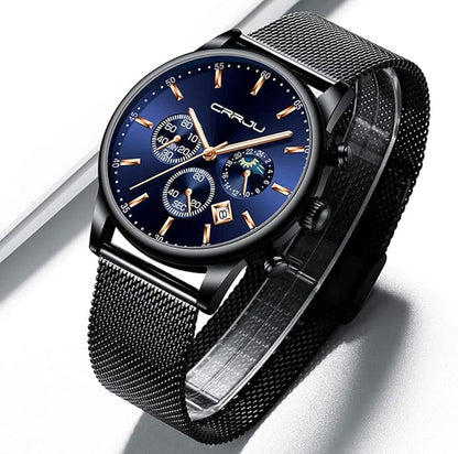 CRRJU Men's Fashion Casual Watches Auto Date Chronograph Watch Men Nice Work Watches Waterproof 30M Full Steel Quartz with Mesh Strap