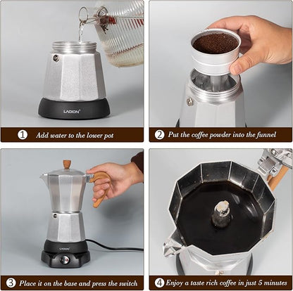 Cafeteras Electricas Modernas,6 Cup Portable Espresso Maker,300ml Moka Pot with Detachable Base & Overheat Protection, Great for Home，Office, or Travel, a Thoughtful Gift for Coffee Lovers