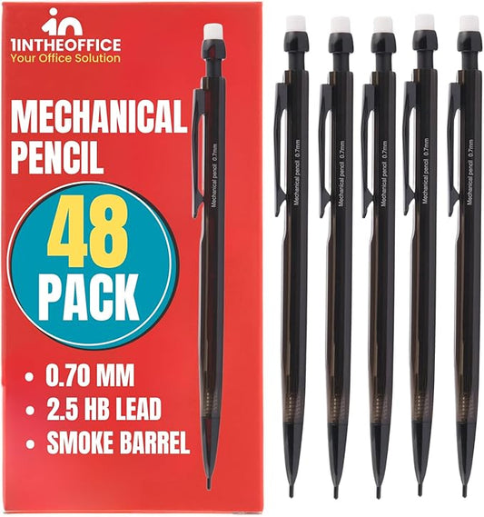 1InTheOffice Mechanical Pencils 0.7mm, #2.5, HB Lead, Black Lead, Smoke Barrel 48 Pack