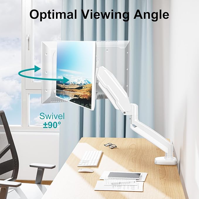 MOUNT PRO Single Monitor Desk Mount - Articulating Gas Spring Arm, Removable VESA Mount for Computer Monitor Stand with Clamp and Grommet Base Fits 13 to 32 Inch Screen, VESA 75x75, 100x100, White