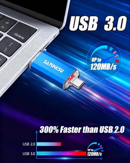 2 Pack 128GB USB C Flash Drive 120MB/s, 3.0 Jump Drive USB-A & Type-C OTG Memory Stick, Dual Thumb Drive for PC/Laptop/Type C Cell Phone and Tablet (Silver/Blue)