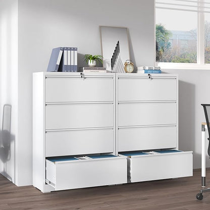 4 Drawer Lateral File Cabinets,White Metal Lateral Filing Cabinet for Home Office,Wide Steel Storage Cabinet Commercial Drawer for Legal/Letter/A4 Size Files