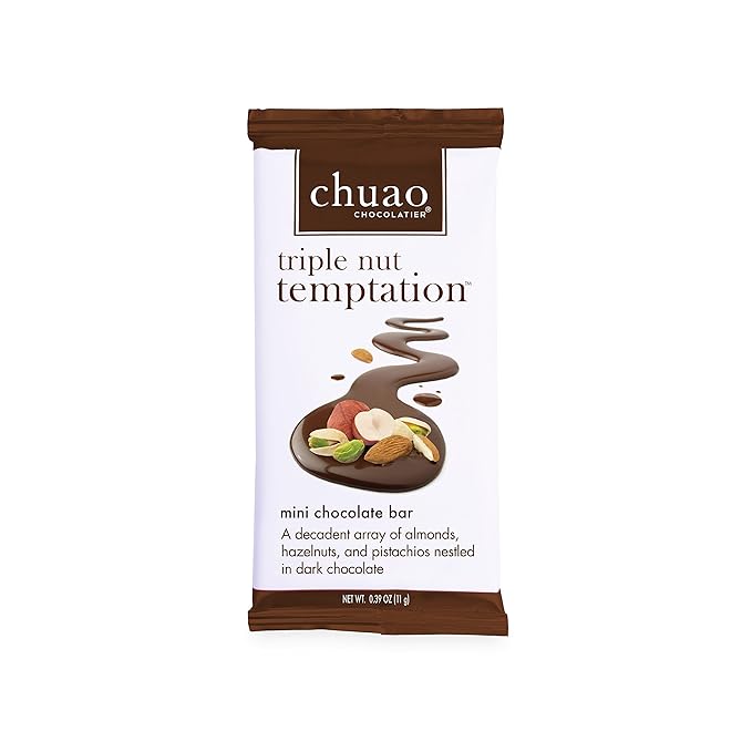 Chuao Chocolatier Triple Nut Temptation Dark Mini Chocolate Bars | Gourmet Pistachios Almonds Hazelnuts No Preservatives | 24 Pack (0.39 oz each)