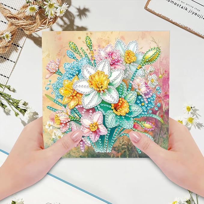 6pcs DIY Bouquet Diamond Art Painting Greeting Cards Kit, Rhinestone Art Holiday Birthday Card Set with Envelopes, DIY Festival Craft for Girlfriend, Christmas Valentine Gift Making Supplies
