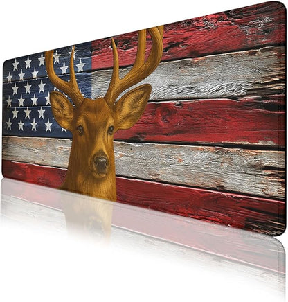 American Deer Desk Pad Mouse Pad Buck Rustic Patriotic Flag Wood Mousepad XL Large Gaming Mouse Pad Laptop Keyboard Mat Desk Pad 31.5"x11.8"