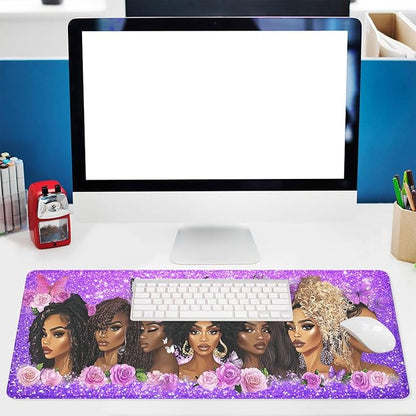 Black Women Gaming Mouse Pad Strong Purple Butterfly Floral Extended Gaming Mouse Pad Mat with Stitched Edge Non-Slip Base Big Mousepad 31.5"x11.8"