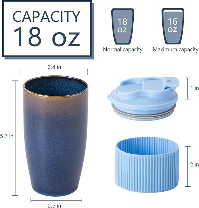 Ceramic Travel Coffee Mug with Polypropylene Lid and Insulated Sleeve, 16 oz, Portable Coffee Cup for Car Cup Holder, Transmutation Glaze Microwave and Dishwasher Safe(Blue)