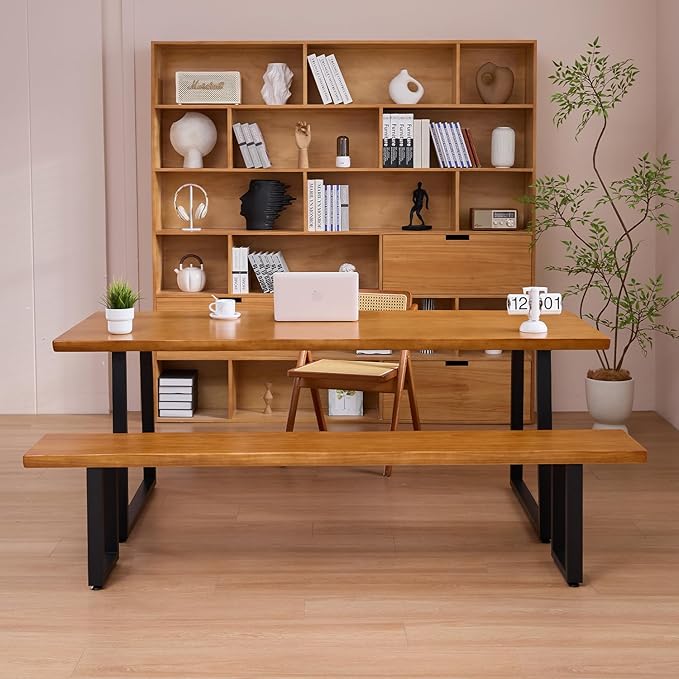 "Durable Solid Wood Top Bench with Sturdy Metal Legs – Versatile Dining & Office Seating " (dark yellowbench, 78.74in)