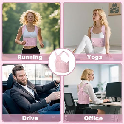 Posture Corrector for Women and Men,4 In 1 Adjustable Full Back Brace,Posture Braces Can Relieve Upper and Lower Back Pain, Shoulder Braces for Hunchback,Scoliosis, Lumbar Spine, Spine（Medium Pink）