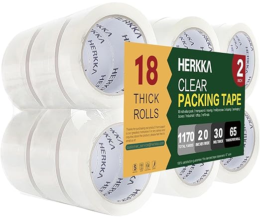 HERKKA Clear Packing Tape, 18 Rolls Heavy Duty Packaging Tape for Shipping Packaging Moving Sealing, 3Mil Thick Clear Packing Tape, 2 inches Wide, 65 Yards Per Roll, 1170 Total Yards
