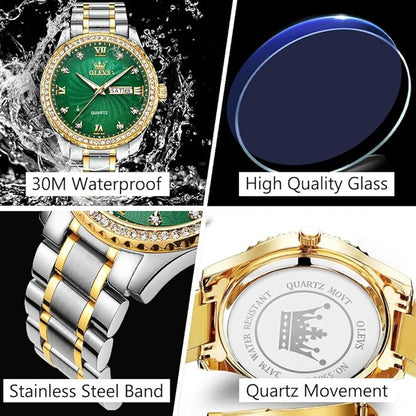 Men's Casual Stainless Steel Watch, Big Face Easy to Read Analog Quartz Watch with Day and Date, Classic Waterproof Diamond Roman Arabic Numerals Dial Dress Watch for Men, Gold Silver Black Band