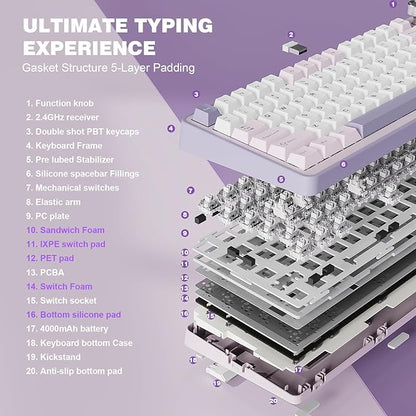 YUNZII B75 PRO Wireless Mechanical Keyboard,75% Layout with Knob,Hot Swap Gasket Custom Structure,Creamy Pre-lubed Switches,RGB Backlit,Bluetooth/Type-C/2.4G for Win/Mac(Milk Switch,Purple)