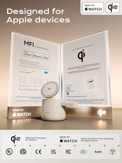 MFI Certified by Apple, 4 in 1 Magsafe Wireless Charging Station, Qi2 15W Magsafe Charger for iPhone 17/16/15/14/13/12 Series, iWatch, Airpods, iPad, 65W Charger Included (Sand, 4 in 1)