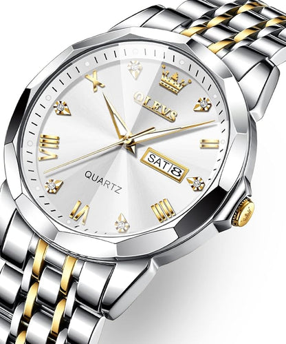 OLEVS Watches for Men Diamond Business Dress Analog Quartz Stainless Steel Date Luxury Casual Fashion Wrist Watch Waterproof Luminous