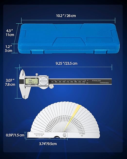Digital Caliper Measuring Tool, 6 Inch with Feeler Gauges, IP54 Waterproof Stainless Steel, MM/Inch/Fraction, (ABS) Absolute Scale Calipers, Auto-Off LCD Micrometer Vernier Caliper