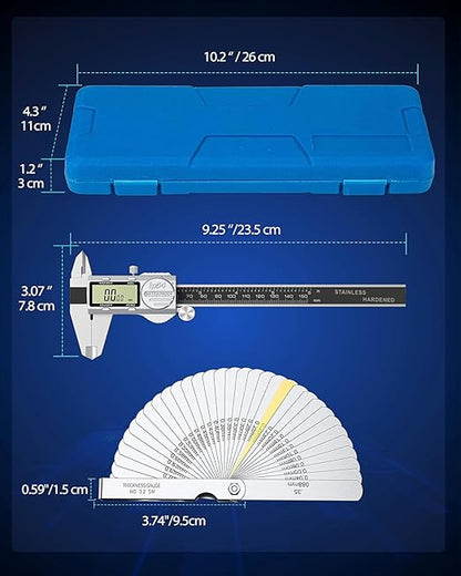 Digital Caliper Measuring Tool, 6 Inch with Feeler Gauges, IP54 Waterproof Stainless Steel, MM/Inch/Fraction, (ABS) Absolute Scale Calipers, Auto-Off LCD Micrometer Vernier Caliper