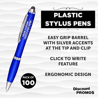 DISCOUNT PROMOS Custom Plastic Stylus Pens Set of 100, Personalized Bulk Pack - Black Ink, Great for Office, School, Business, Tradeshows, Events - Blue