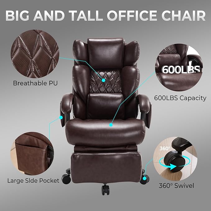 3-in-1 Massage Office Chair with Foot Rest 600LBS Big and Tall Office Chair with Massager and Heat for Heavy People, Reclining Executive Heavy Duty Office Chairs Brown