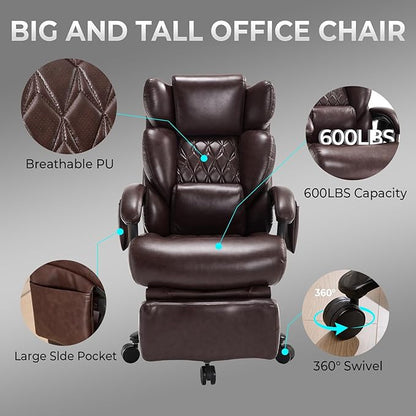 3-in-1 Massage Office Chair with Foot Rest 600LBS Big and Tall Office Chair with Massager and Heat for Heavy People, Reclining Executive Heavy Duty Office Chairs Brown