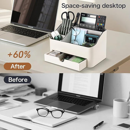 KINGFOM Desk Organizer with Drawer, Multifunction Pencil Holder for Desk, Desk Organizer and Accessories 5 Comparetments for Home Office Supplies (Ivory White)