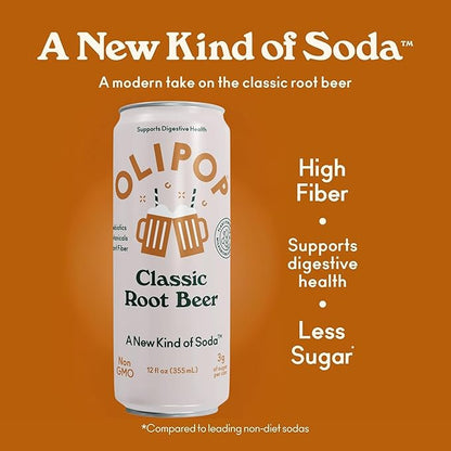 OLIPOP Prebiotic Soda Pop, Classic Root Beer, Pantry Pack Packed with Prebiotics, Fiber, and Botanicals, Gluten Free, Vegan, GMO Free, 12oz Skinny (12-Cans)