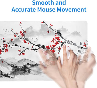Japanese Cherry Blossom Gaming Mouse Pad 27.6x11.8 Inch Pink Full Desk Sakura Large Non-Slip Rubber Base Waterproof Big Keyboard Mat With Stitched Edges for Office