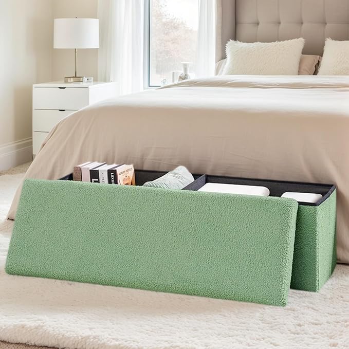 43 Inches Storage Ottoman Bench - Square Ottoman with Sherpa Top,Storage Bench for Bedroom,43" L x 15" W x 15" H - Green