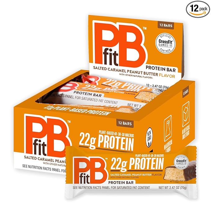 PBfit Salted Caramel Peanut Butter Protein Bars, 22g Protein, Gluten Free, Vegan, Plant-Based 40-30-30 Macros, 2.47 Oz (Pack of 12)