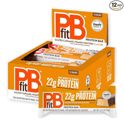 PBfit Salted Caramel Peanut Butter Protein Bars, 22g Protein, Gluten Free, Vegan, Plant-Based 40-30-30 Macros, 2.47 Oz (Pack of 12)