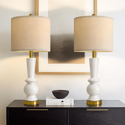 PORTRES 27" Modern Ceramic Table Lamp Set of 2 for Living Room White & Gold Bedside Lamps for Bedroom Nightstand Lamp Tall End Table Lamps
