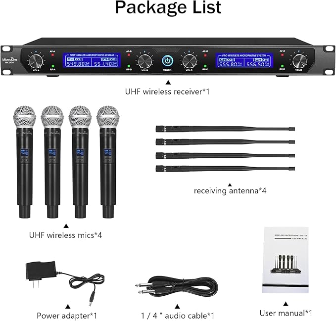 MicrocKing Wireless Microphone System, with 4 Handheld Mics, Metal Build, Fixed Frequency, Long Range 400ft, Ideal for Party/Wedding/Church/Conference/Speech
