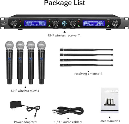 MicrocKing Wireless Microphone System, with 4 Handheld Mics, Metal Build, Fixed Frequency, Long Range 400ft, Ideal for Party/Wedding/Church/Conference/Speech