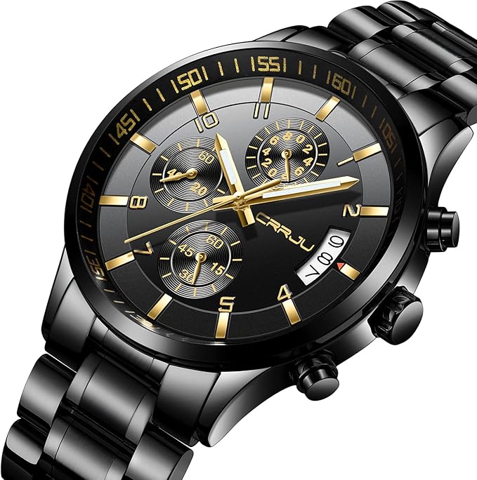 CRRJU Men's Fashion Stainless Steel Watches Date Waterproof Chronograph Wristwatches,Black Steel Band Waterproof Quartz Watch for Men